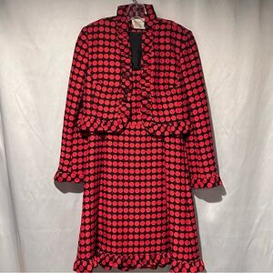 Vintage 80s Red and Black Polka Dot Suit Sleeveless Ruffle Dress Bolero Blazer